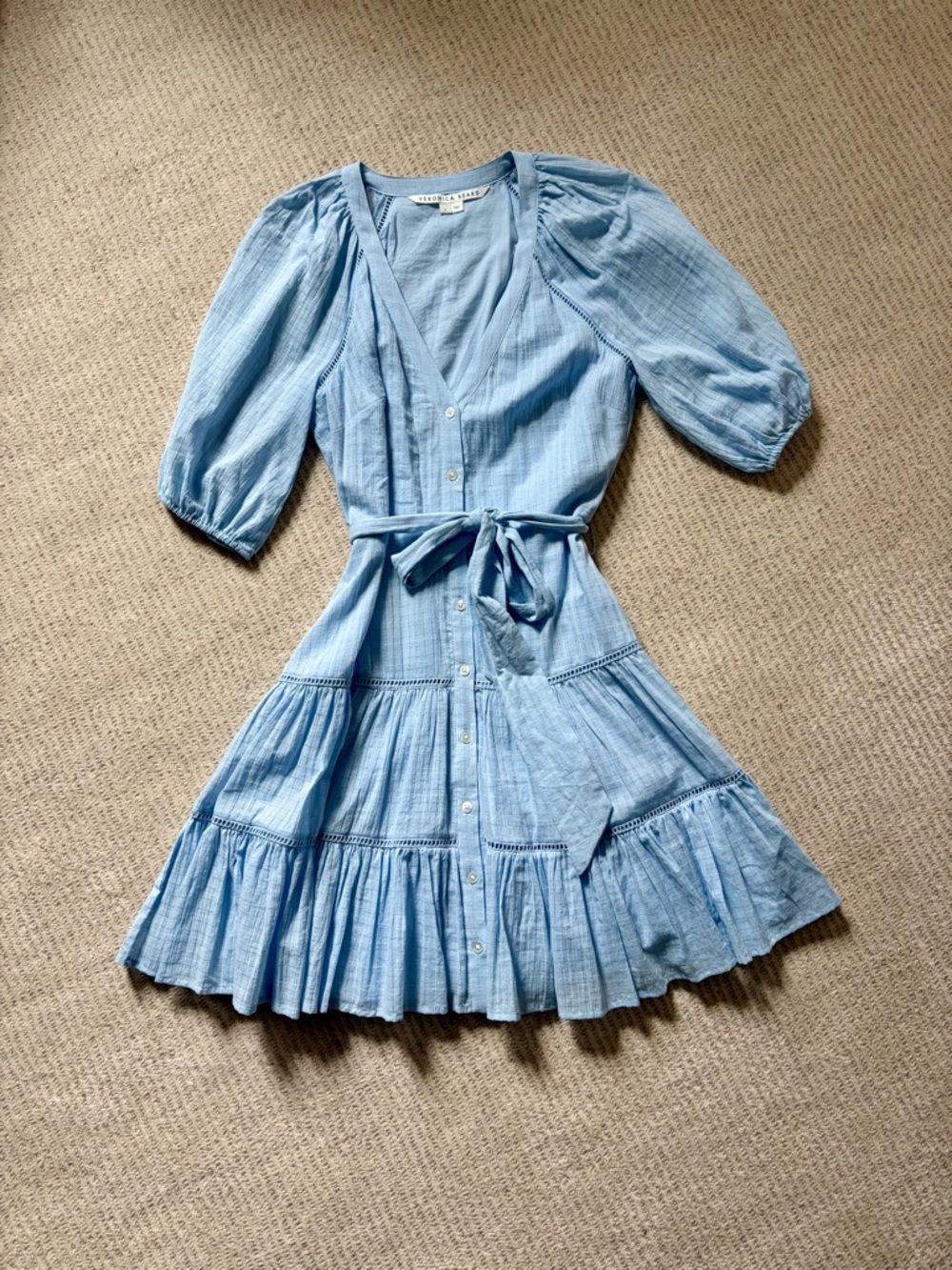 Veronica Beard Light Blue Tiered Button-Front Dress with Tie Waist